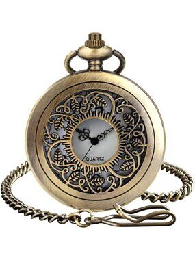 Men's White Vintage Chain Quartz Bronze Leaves Necklace Halloween Pocket Watch